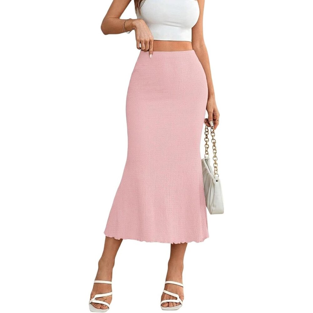 Women's Pink Basic Elastic High Waist Slim Bodycon Romantic Out Long Maxi Skirt - Picture 1 of 6